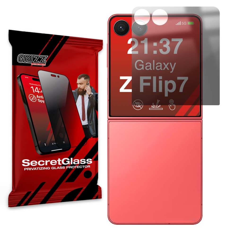 Sekretne szkło hybrydowe do Samsung Galaxy Z Flip7 prywatyzujące Grizz SecretGlass