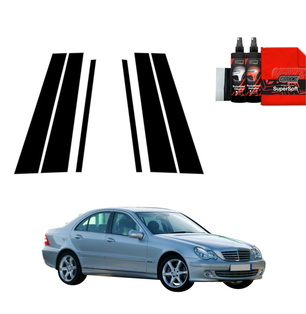 6w1 Czarna folia na słupki do Mercedes Benz C Klasa W203 Sedan (2000-2007)