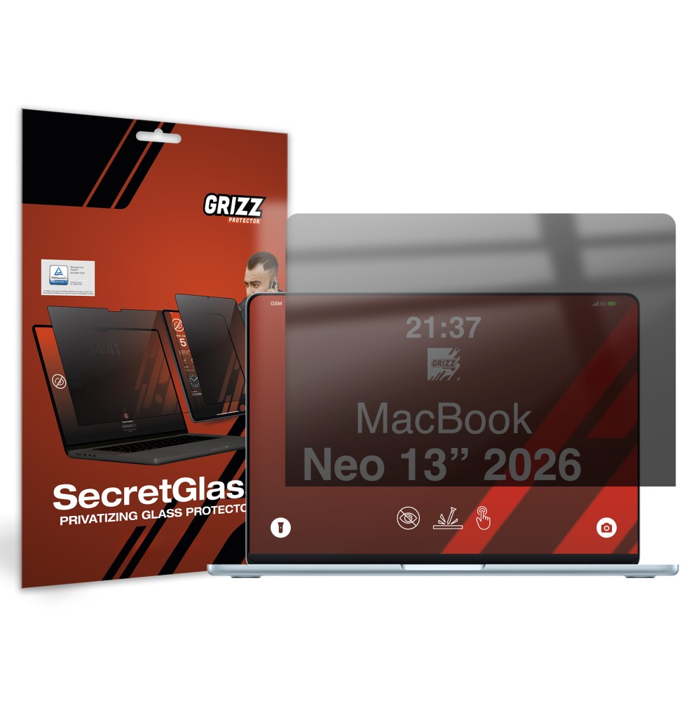 Sekretne szkło hybrydowe do Apple MacBook Neo 13" 2026 prywatyzujące Grizz SecretGlass