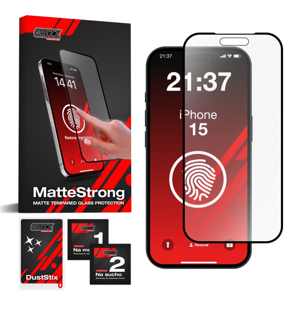 Antyodciskowe szkło hartowane 3D do Apple iPhone 15 GRIZZ MatteStrong