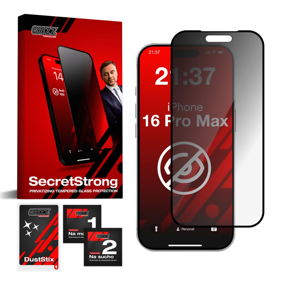 Prywatyzujące szkło hartowane 3D do Apple iPhone 16 Pro Max GRIZZ SecretStrong