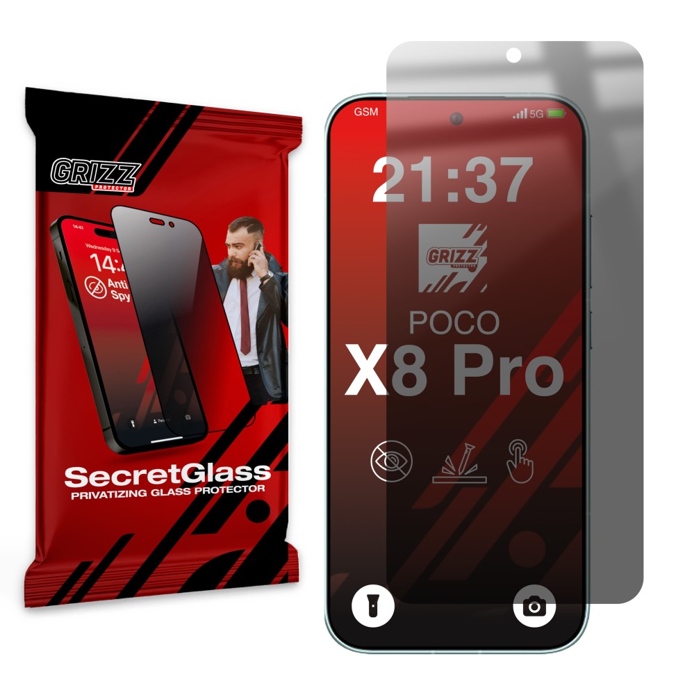 Sekretne szkło hybrydowe do Xiaomi POCO X8 Pro prywatyzujące Grizz SecretGlass