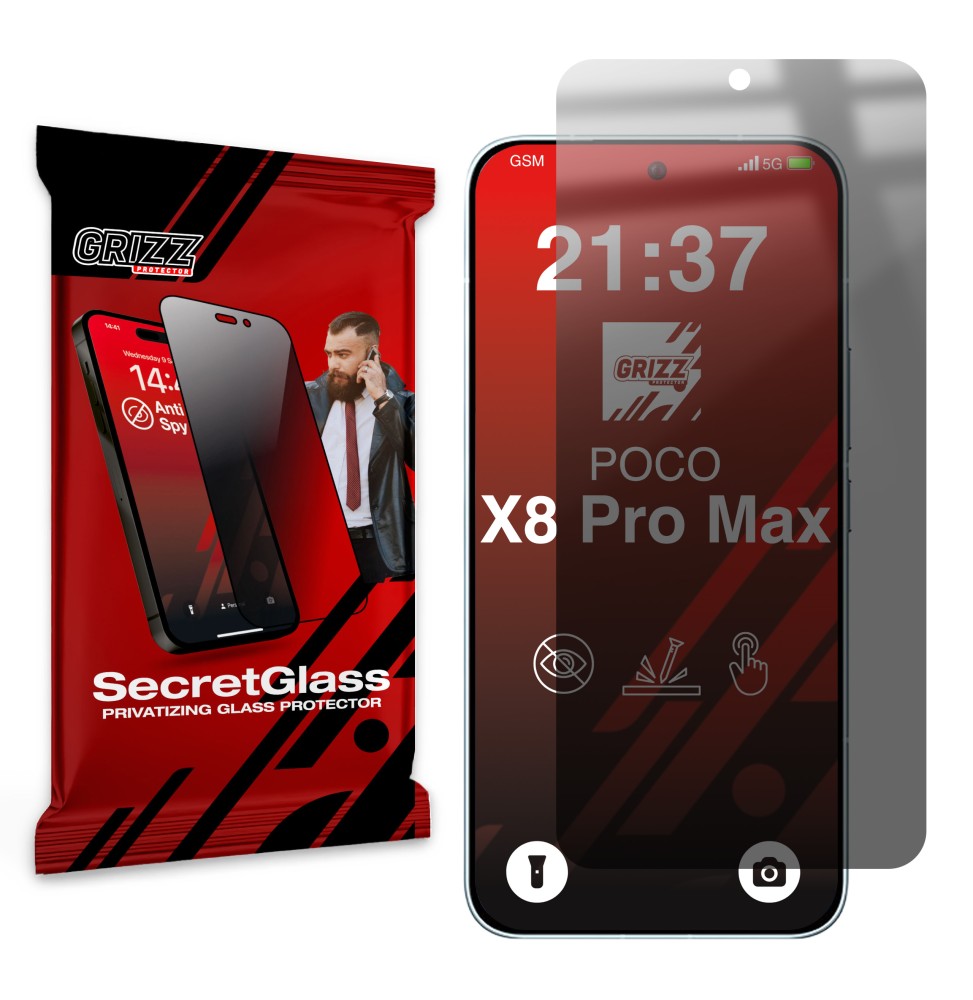Sekretne szkło hybrydowe do Xiaomi POCO X8 Pro Max prywatyzujące Grizz SecretGlass