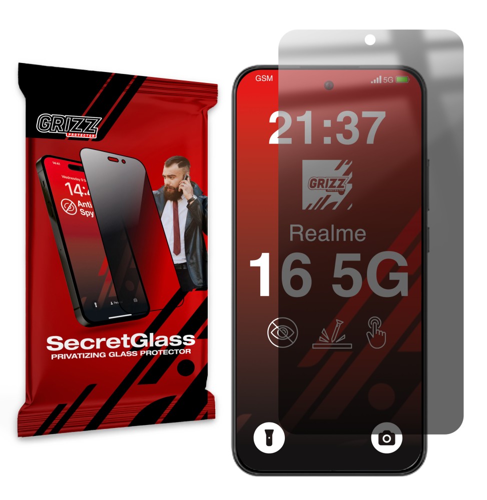Sekretne szkło hybrydowe do Realme 16 5G prywatyzujące Grizz SecretGlass