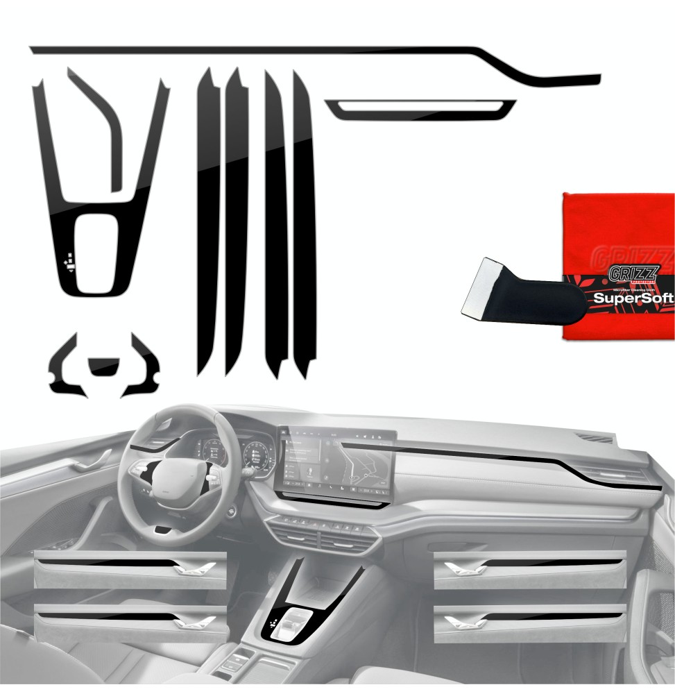 Folia do wnętrza Skoda Octavia 4 10" Facelift (2024-2026) GRIZZ 11w1 Czarna Połyskująca