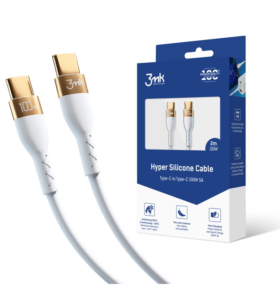 Kabel USB-C to C 2m 100W White - 3mk Hyper Silicone Cable