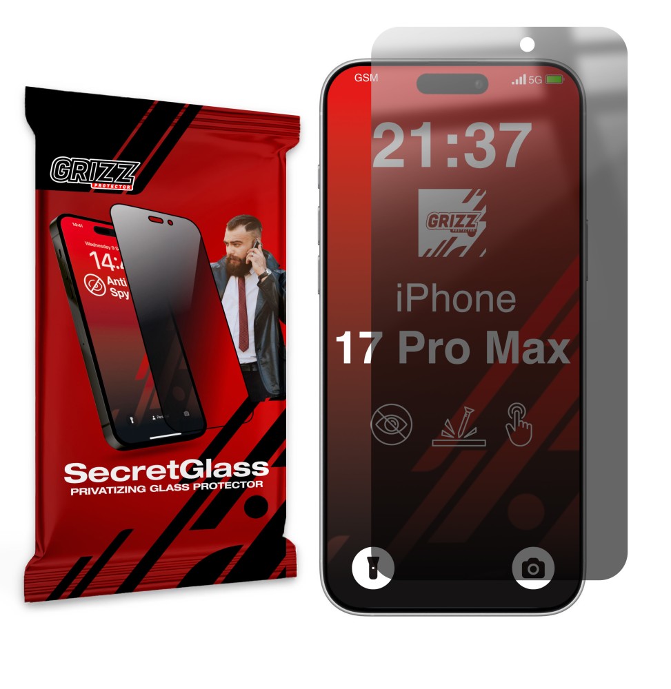Sekretne szkło hybrydowe do Apple iPhone 17 Pro Max prywatyzujące Grizz SecretGlass